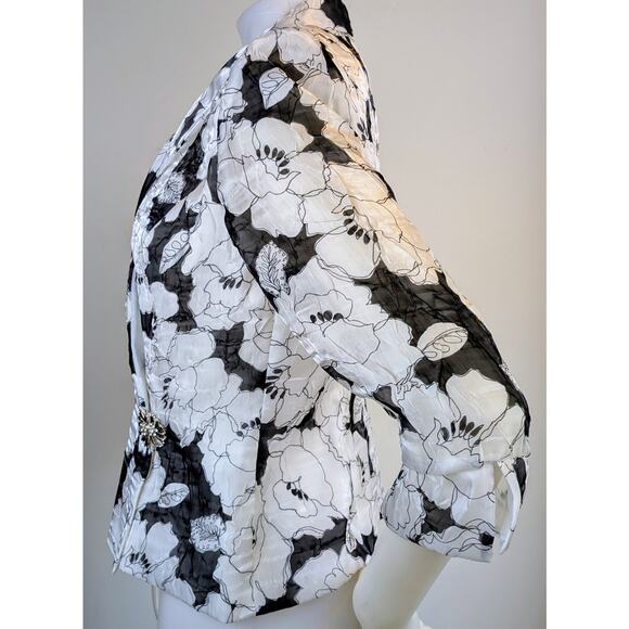 VTG Alex Evenings Crop Blazer Jacket Medium Black White Floral Sheer Taffeta - Picture 5 of 11